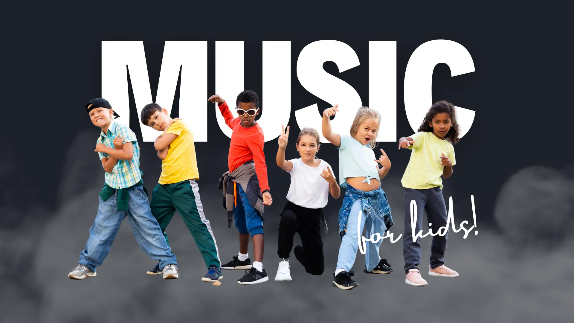Group of six kids posing energetically with "MUSIC for kids!" text on a dark background.