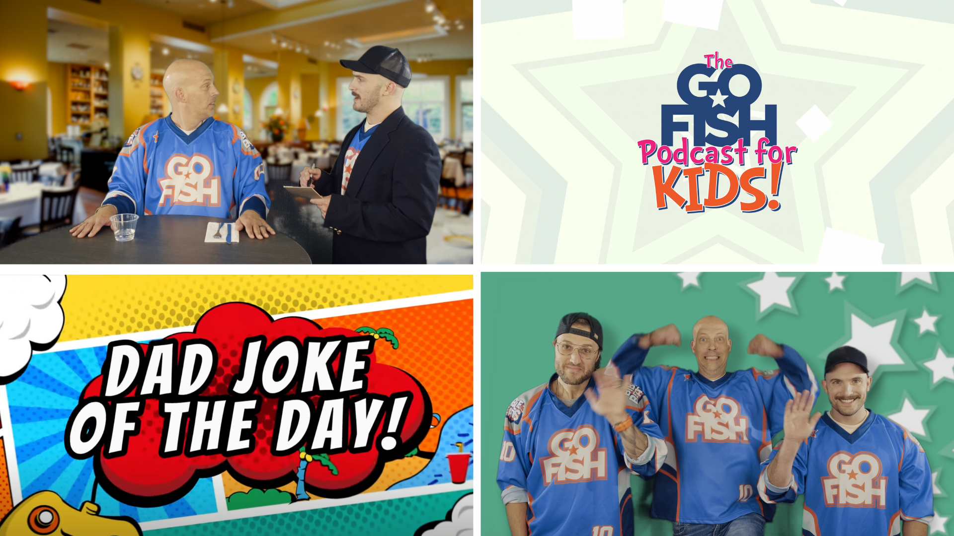 A collage of DJ Chase, Chad, and Jamie for the Go Fish Podcast for kids.